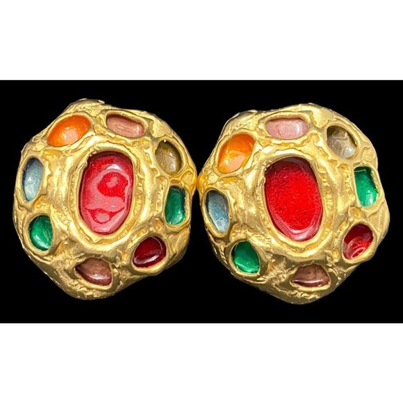 Vtg DKNY Gripoix Mogul Gold Tone Clip Earrings Rare Donna Karen 80s Multicolor - Picture 6 of 10